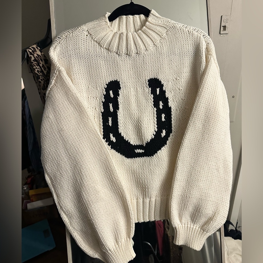 NWT RARE Anthropologie Pippa Mock Neck Icon Horse Sweater Crop Bubble Sleeve - M - Picture 6 of 11